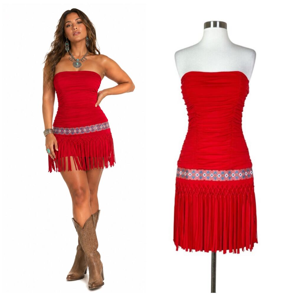Baby Phat | Y2K Vintage Red Ruched Strapless Boho Fringe Bodycon Mini Dress XL